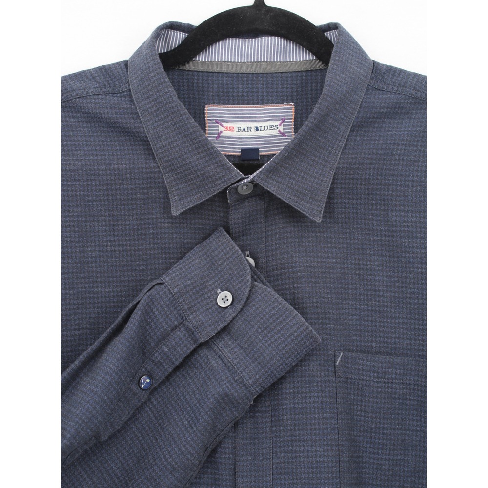 32 Bar‎ Blues Mens Shirt XXL Navy Blue Micro Check Long Sleeve Minimalist